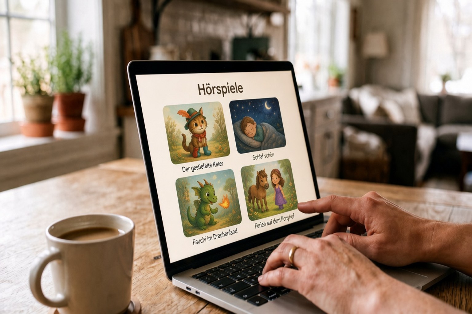 Am Laptop eine Geschichte aus den Hörspiel-Covern wählen