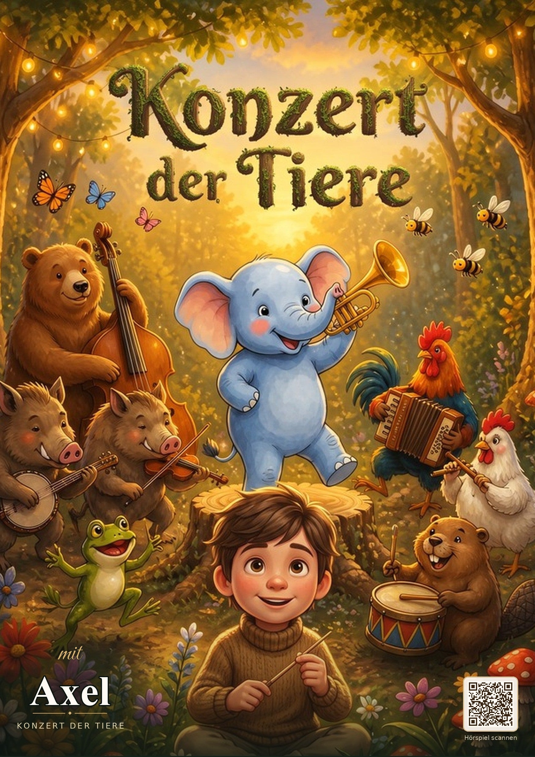 Beispiel: Konzert der Tiere, Cover mit der Zeile mit Axel und QR-Code unten