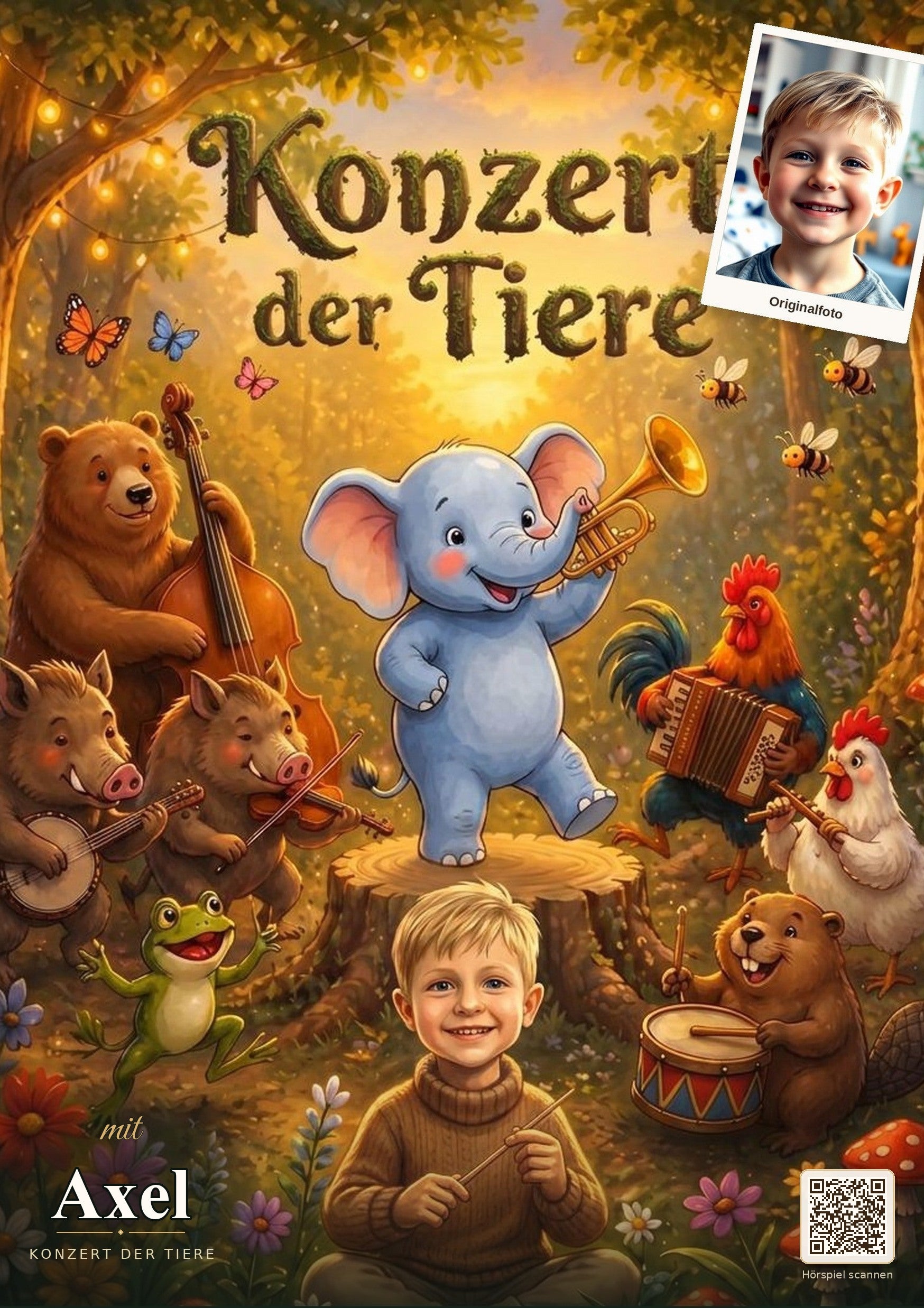 Beispiel: Originalfoto von Axel oben rechts, dasselbe Kind in der Szene Konzert der Tiere, Name und QR unten
