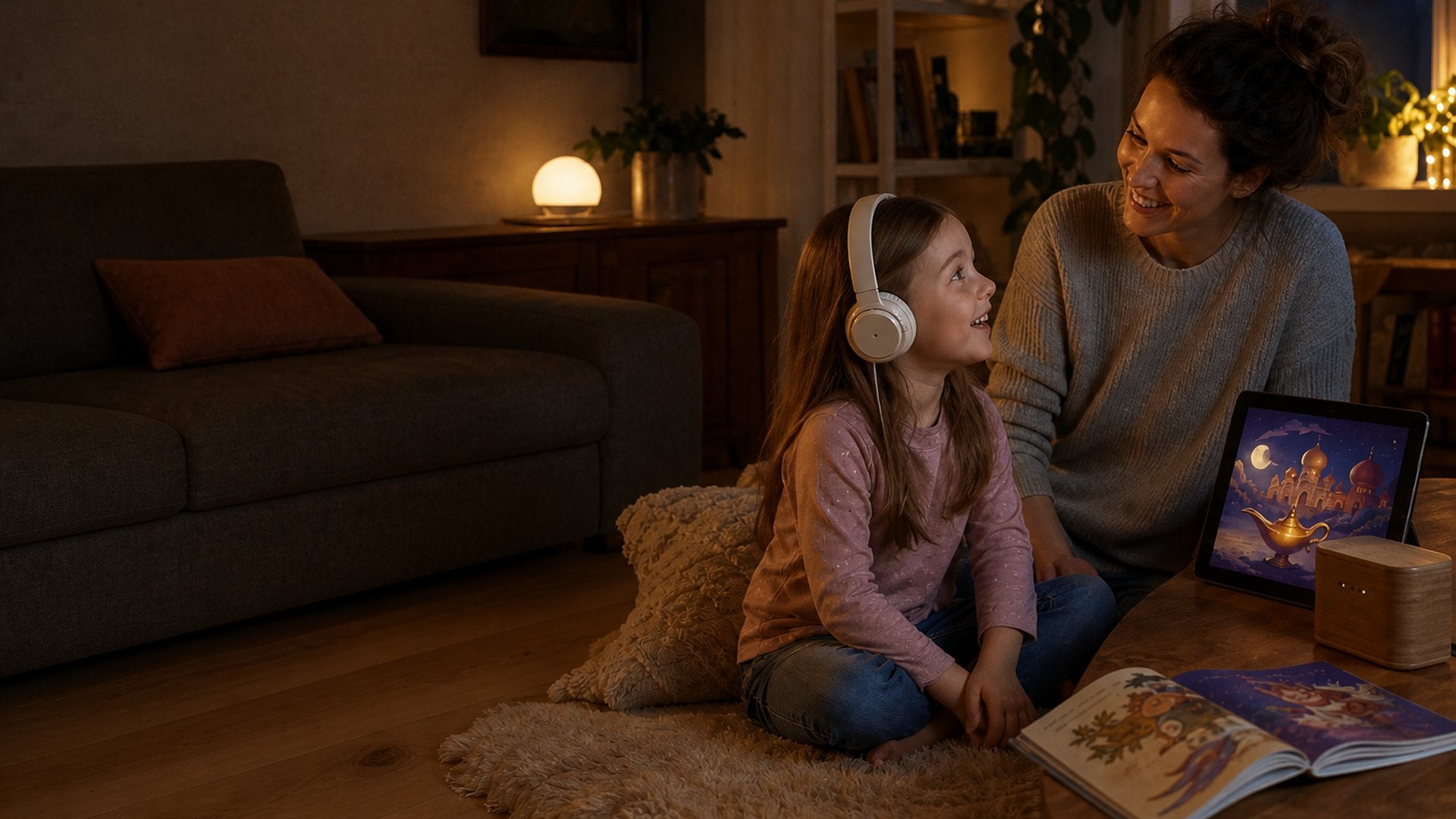 Kind hört das Hörspiel und erkennt den eigenen Namen, Elternteil daneben