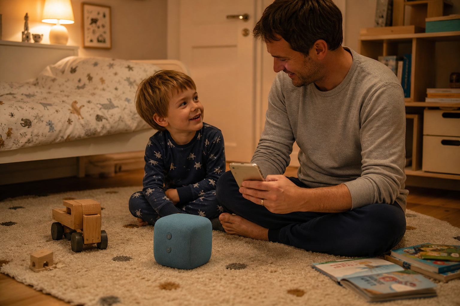 Kind hört das persönliche Hörspiel über die eigene Hörbox